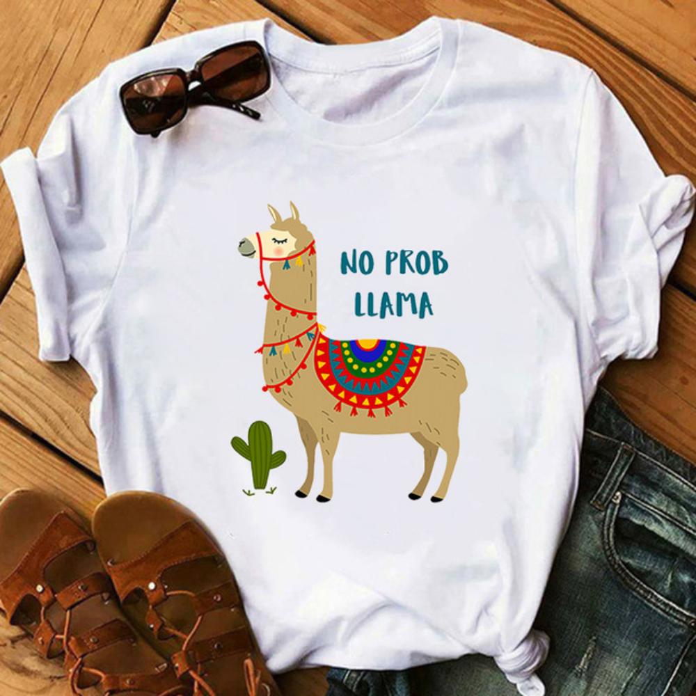 Lustiger Alpaka Schriftzug Kunst Damen Weiß Lässig Locker Oversized Hemd Streetwear Täglich Sommer Oberteile Rundhals Langlebig Übergröße