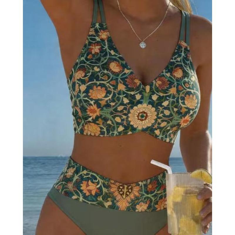 2027 Shoulder Strap New Split Swimsuit Women's Printed High-waisted Briefs