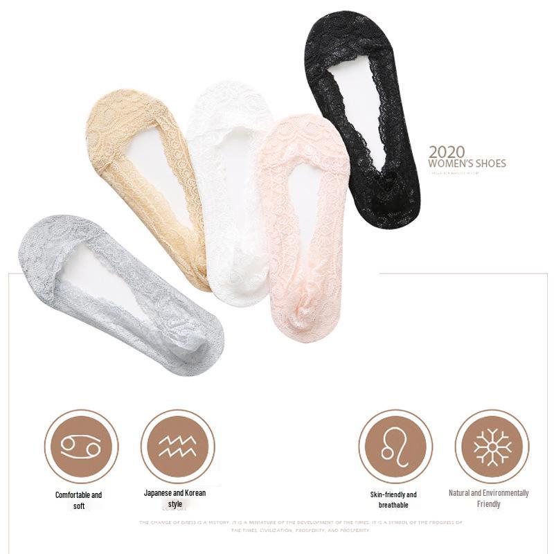 Women's Summer Lace Low-Cut Socks, Thin & Breathable with Cotton Bottom and Silicone Anti-Slip Heel Grip.