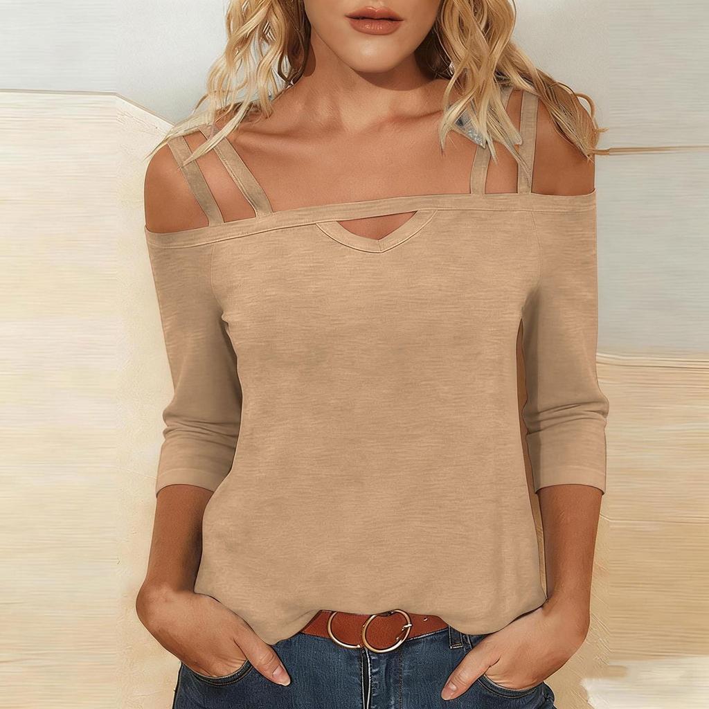 Womens Off Shoulder Top Short Sleeve Cut Out Detail Cross Strap Casual Blouse Summer Lightweight Knit Shirt