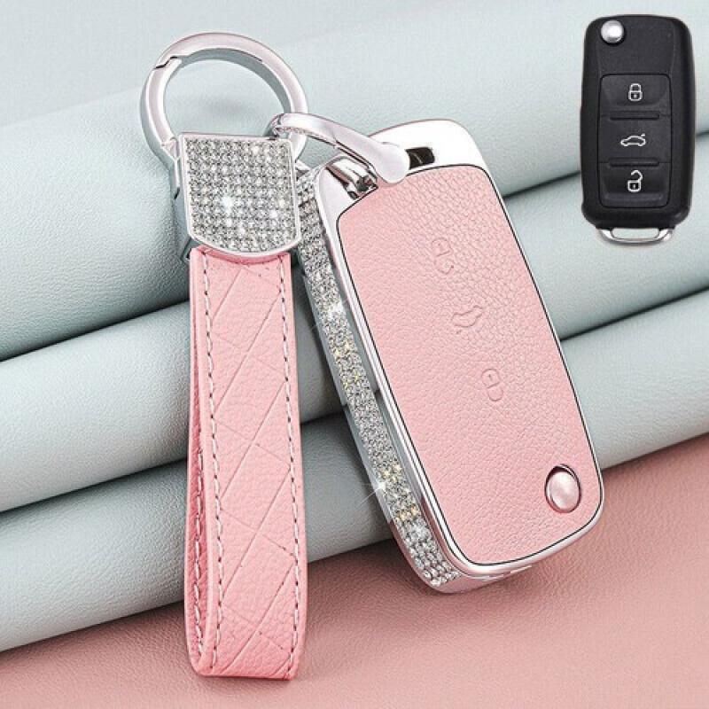 A+ Zinc Alloy Leather Diamond Car Key Case Cover For VW Polo Beetle Passat Jetta