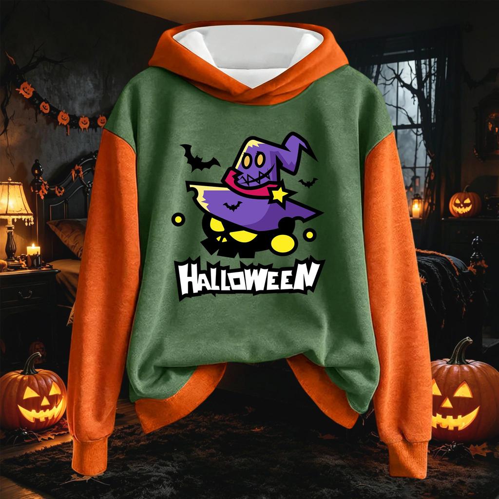 Women's Fashion Long Sleeve Hoodie with Halloween Print Drawstring Pullover