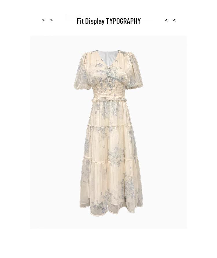 Elegant French Floral Print Summer Dress - V-neck Puff Sleeve High Waist, Sweet or Cool Style