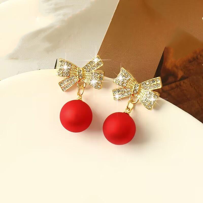 S925 Silver Needle Luxury Christmas Earrings with Red Pearl & Diamond, European & American Style