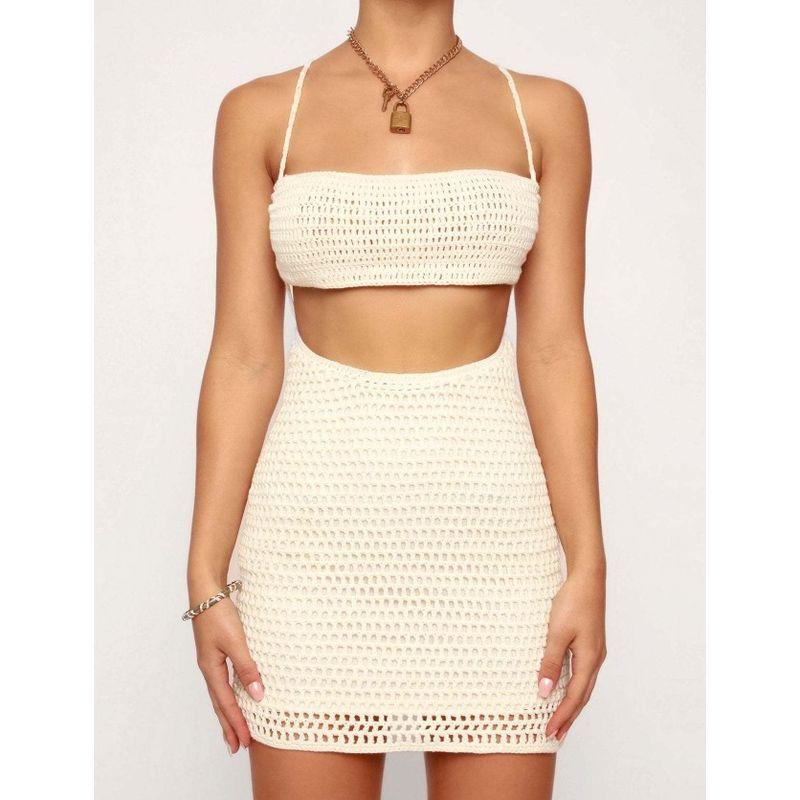 

Эльза Мода Новое поступление Стиль пляжного отдыха Холтер Без спины Жилет С высокой талией Обтягивающий Трикотажный Юбочный костюм Женский White S