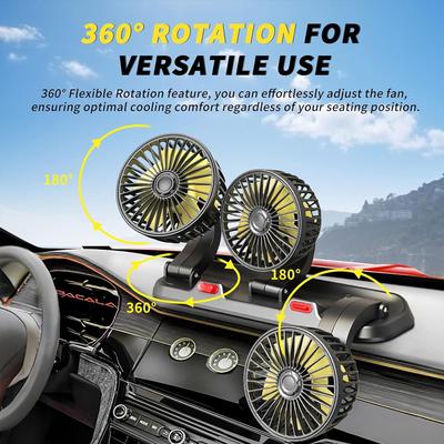 Ventilatore per auto Ventilatore elettrico per auto a 3 teste regolabile a 360° Ventilatore elettrico per auto USB/12V/24V Ventilatore silenzioso per auto a 2 velocità per scrivania di casa Ufficio e auto