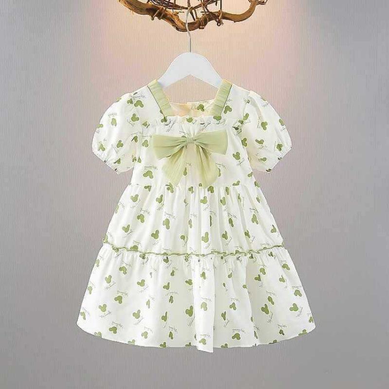 Summer Girls Short Sleeve Dress With Bow Tie Cute Princess Dress For Toddler And Little Kids Fashionable Baby Girl Clothing