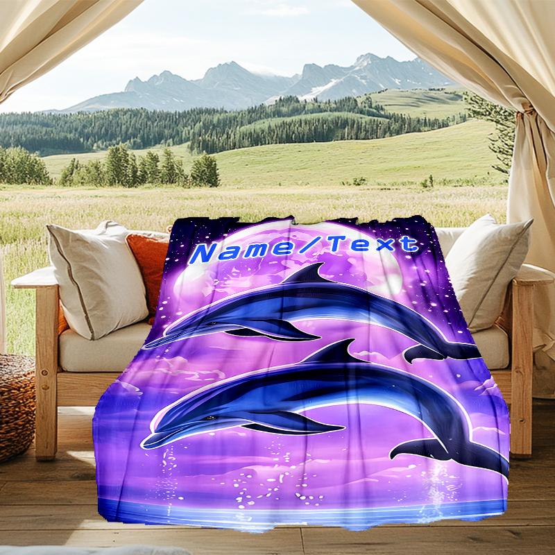 1PC Custom Name Dolphins Moonlight Outdooor Flannel Blankets Throw Blanket All-Season Throw Gift Bedspread for Couch, Bed, Camping Holiday Birthda