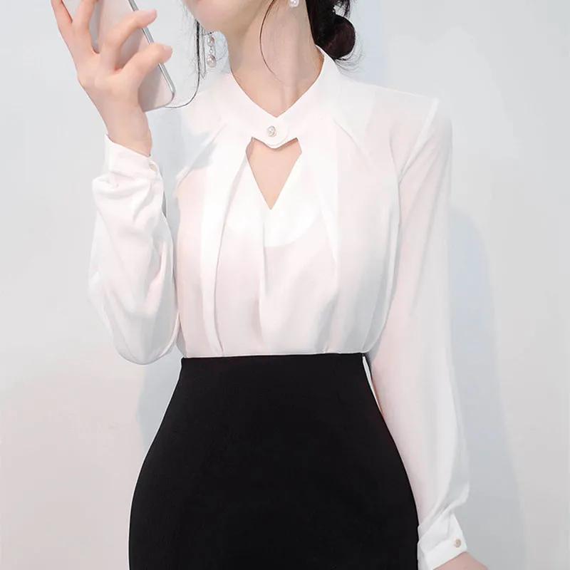 Spring Summer Women's Solid Blouses Chiffon Shirts Long Sleeve Slim Hollow Sexy Basic Tops Thin Chic Elegant Female Ins