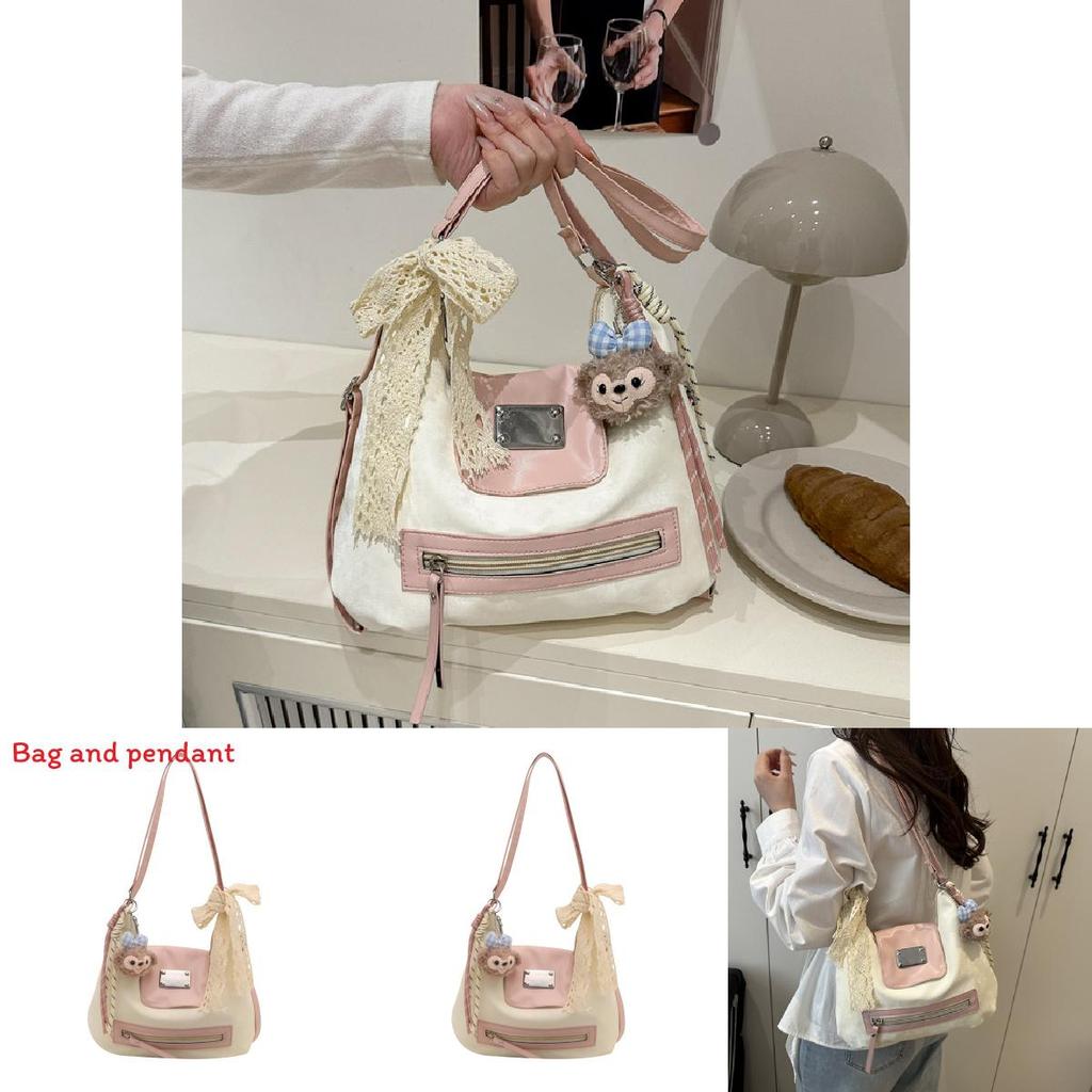 Fashion Color Blocking Design Women Casual Tote Bag With Plush Pendant For Daily Use