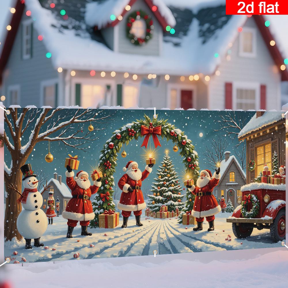 2D Door Flag 1 Piece Christmas Garage Door Flag - Festive Santa Claus and Snowman Scene