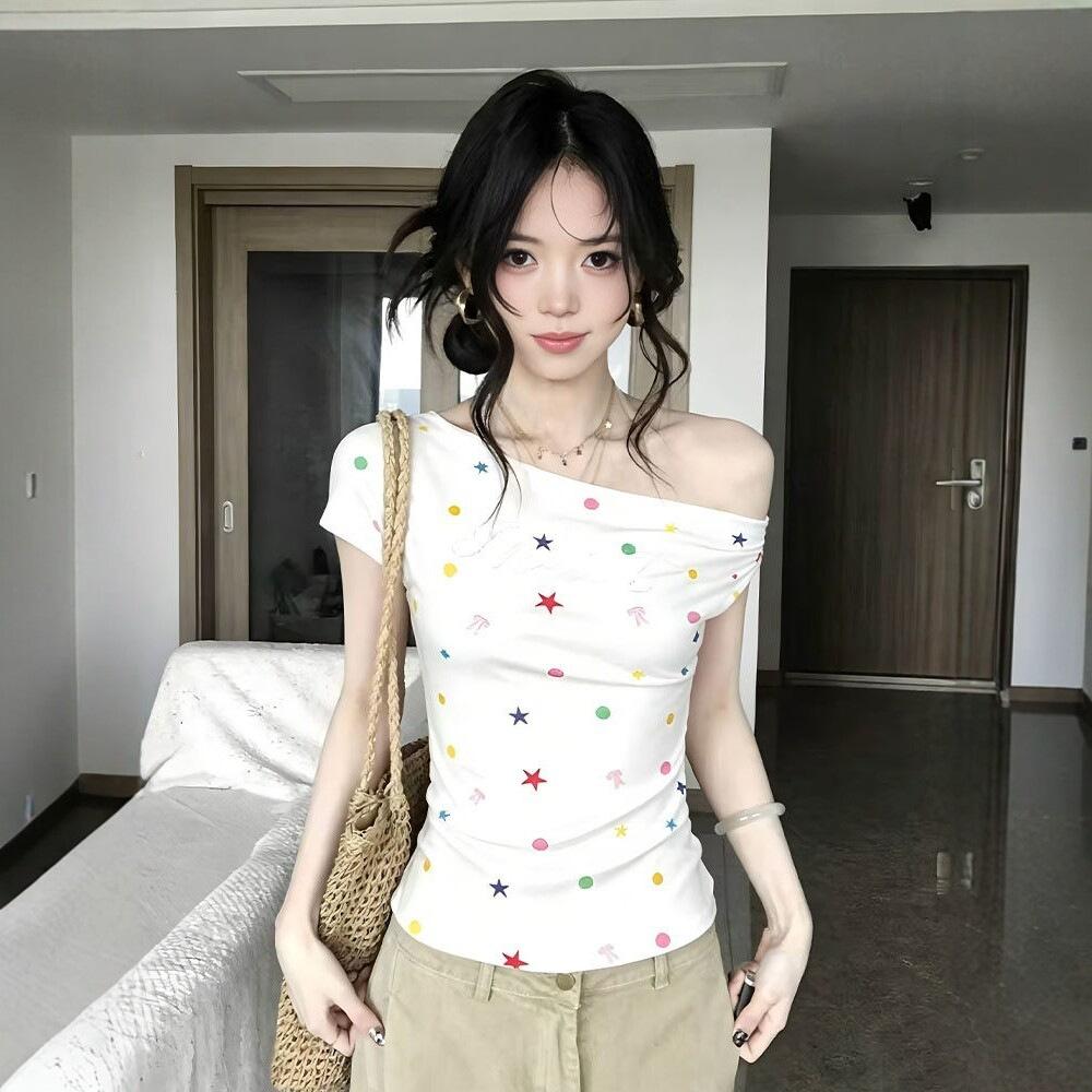 [Grazhi refined cotton] American Spice Girl style full print slanted shoulder short-sleeved T-shirt women's summer slim-fitting chic top