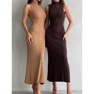 Αμάνικο Πλεκτό Ζιβάγκο Μακρύ Φόρεμα Γυναικείο Στενό Κομψό Μόδα Ριμπ Πλεκτό Φόρεμα για Γυναίκες Μάξι Φόρεμα