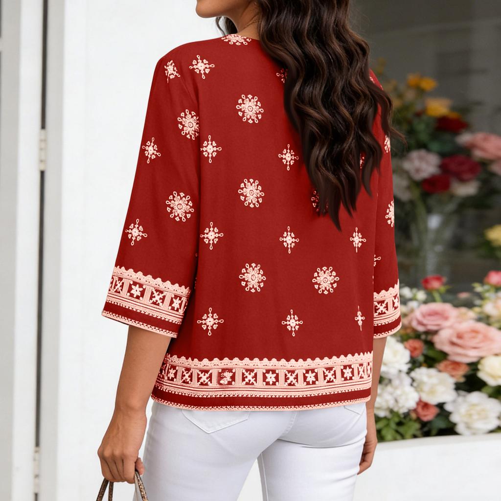 Ladies' Casual Retro Loose Bohemian Printed 3/4 Sleeve Shirt Top
