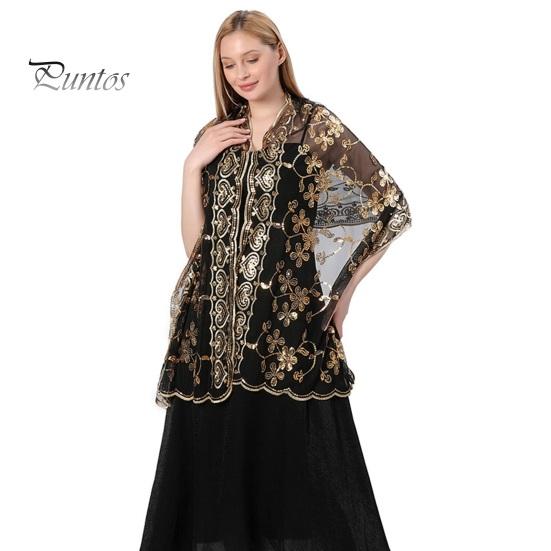 

Женская шаль с блестками и цветочным декором, тонкая, легкая, универсальная, накидка, пышная, большая, повседневная шаль чёрный/золотой