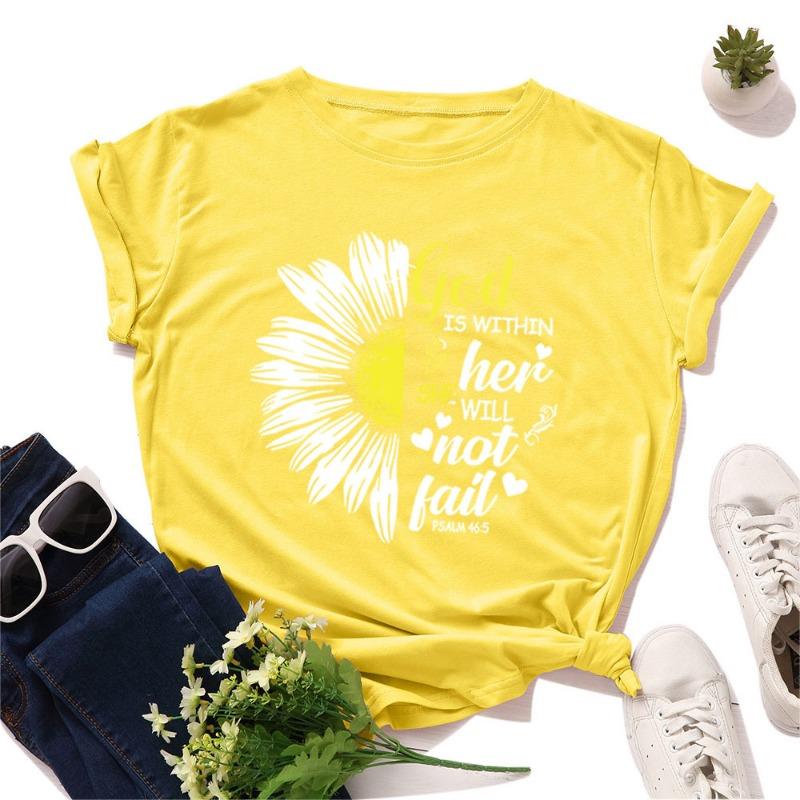 Damen Locker Rundhals Chrysanthemen-Buchstaben Reine Baumwolle Kurzarm T-Shirts Damen