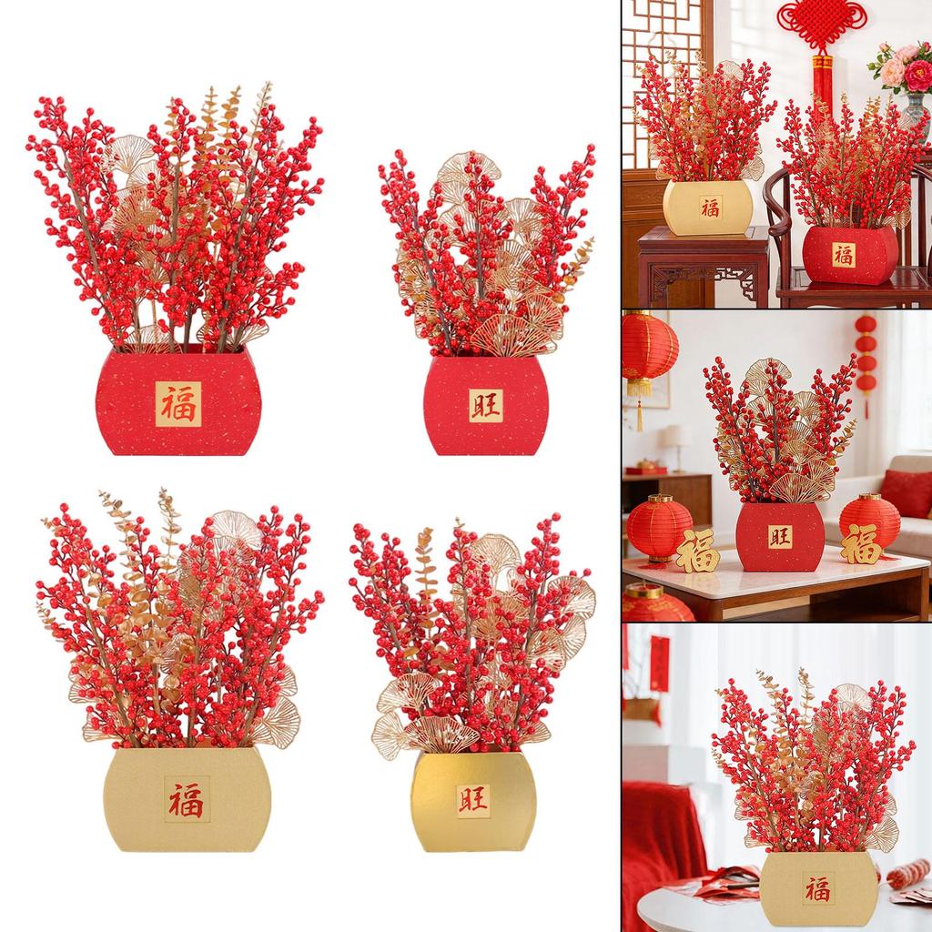 Artificial Flower Blessing Bucket Red Fruit Gold Leaves Potted Plant Tabletop Arrangement for Spring Festival Home Decor