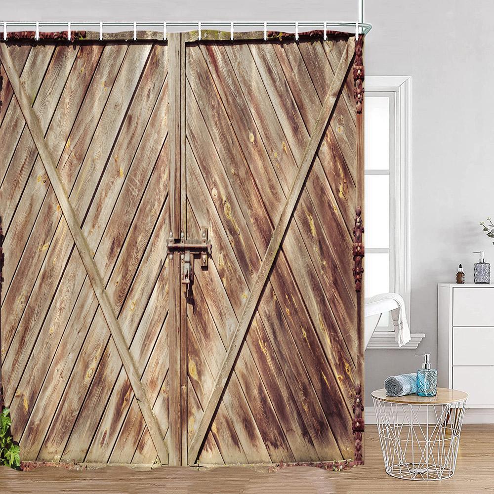 Rustic Barn Door Shower Curtains Grey White Brown Wooden Board Vintage Farmhouse Decorative Polyester Fabric Bathroom Curtains