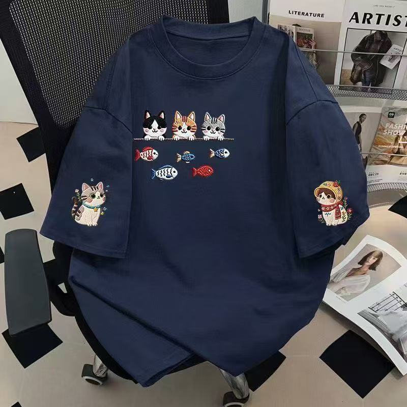 Women's Short Sleeve Tee Round Neck Japanese Korean Style Cartoon Cat Print Cotton Casual Top