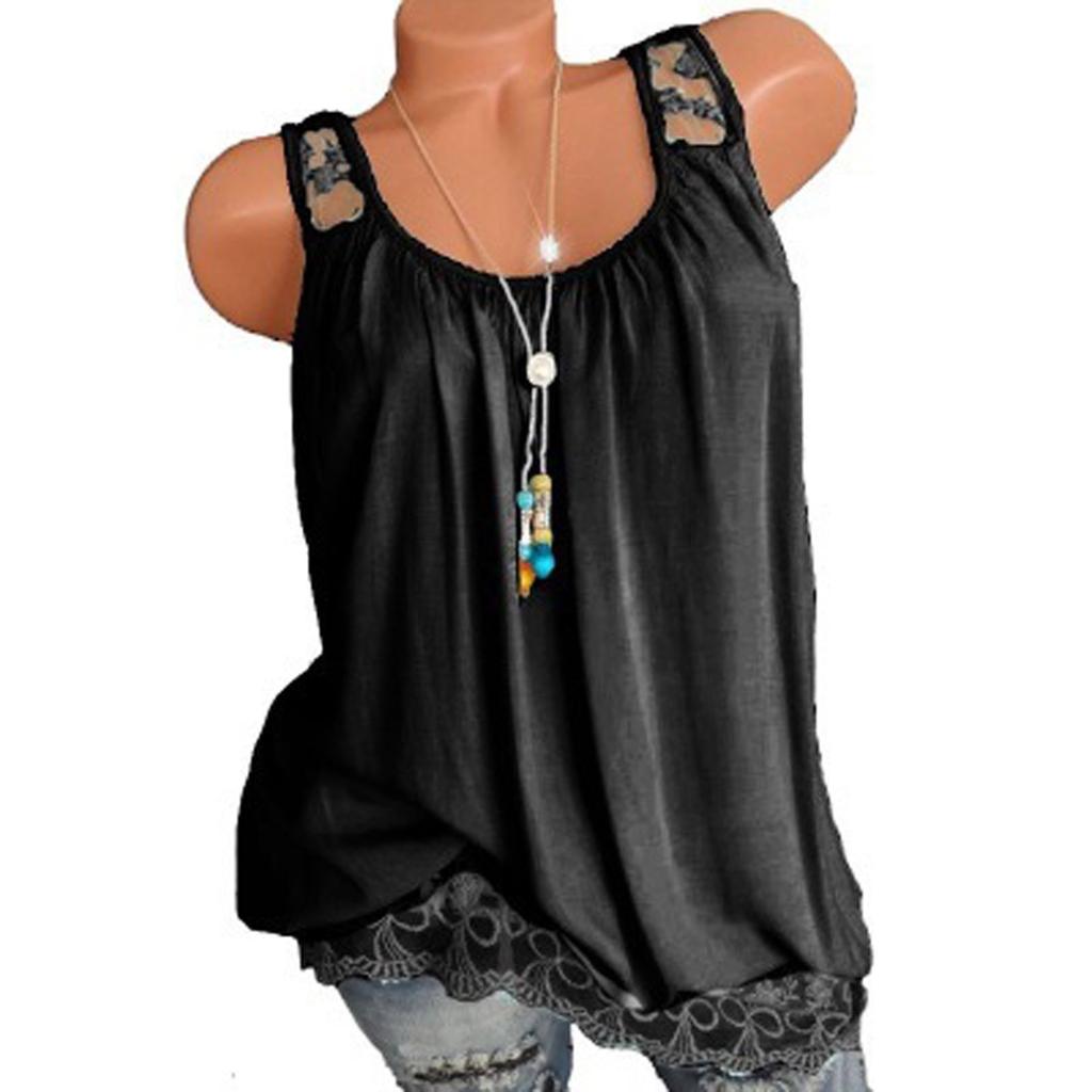 Women Summer 2022 Sleeveless Casual Solid Color O-Neck Lace Hem T-Shirt Tops Blouse