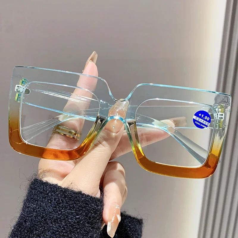 Oversized Frame Far Sight Glasses Blue Light Blocking Presbyopia Glasses Two-Color Transparent Square Frame Reading Glasses