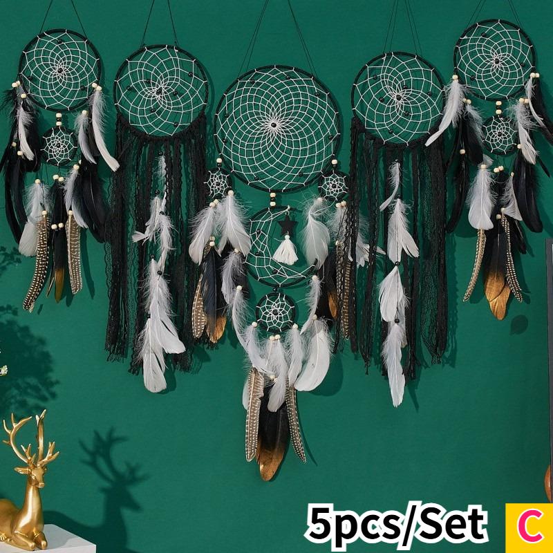 5pcs Boho Handmade Dreamcatcher Set Vintage Home Wall Artificial Imitation Feather Decorative Wall Hanging Bedroom Decorations