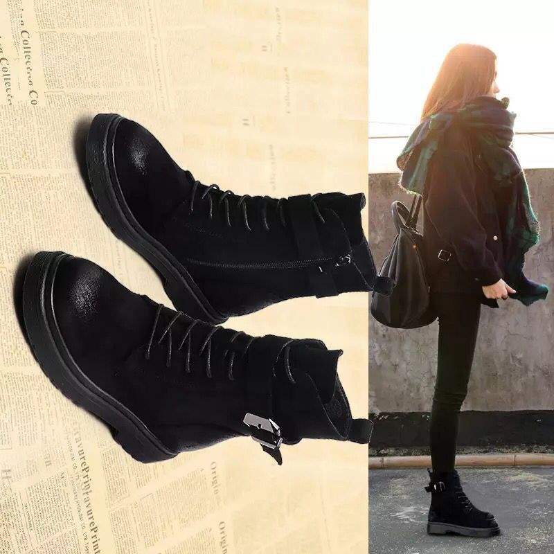 Korean version of Martin boots women's British retro short boots 2025 autumn and winter velvet flat-bottomed student recreational locomotive boots ver
