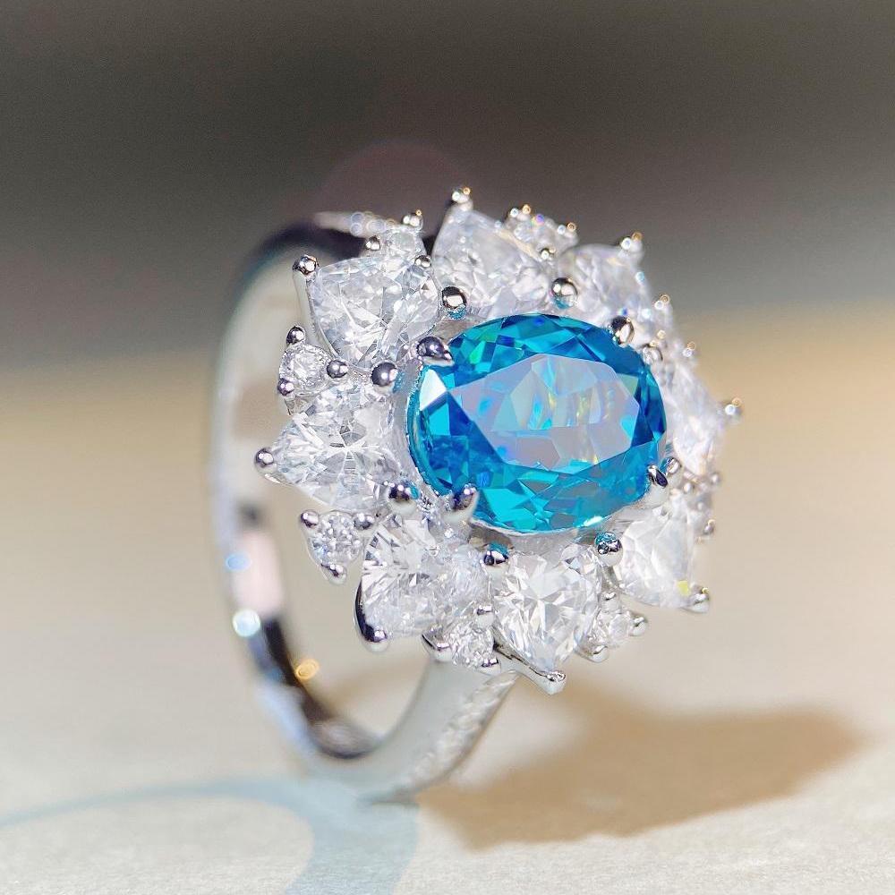 S925 Sterling Silver Women's Aquamarine & Zircon Ring with High Carbon Diamonds In Luxury Setting, European & American Cross-Border Style.
