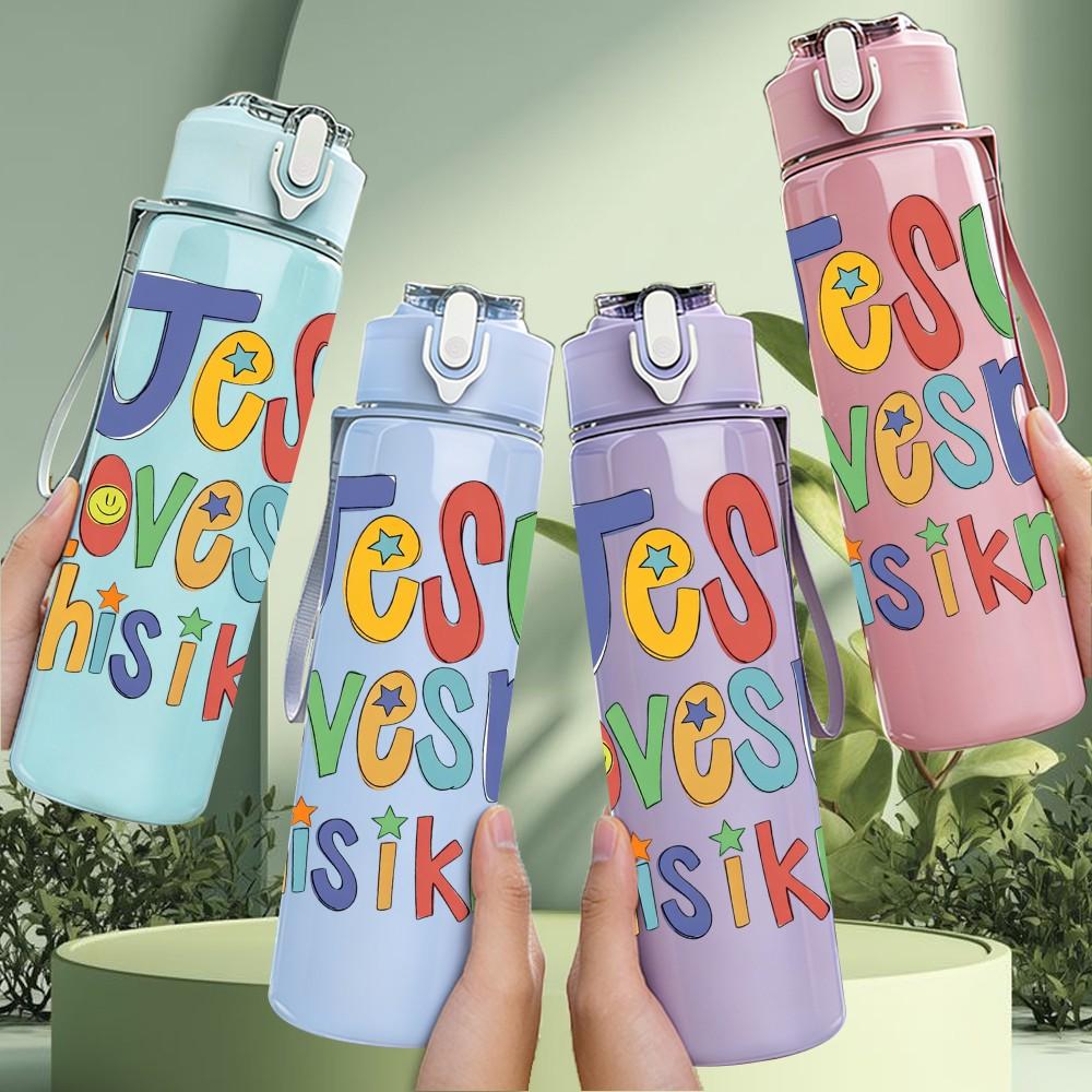 1PC Jesus Loves Me This I Know Print 750ml Color Plastic Sports Water Bottle Leakproof Flip Straw Lid Suitable for Sports Office Home Use