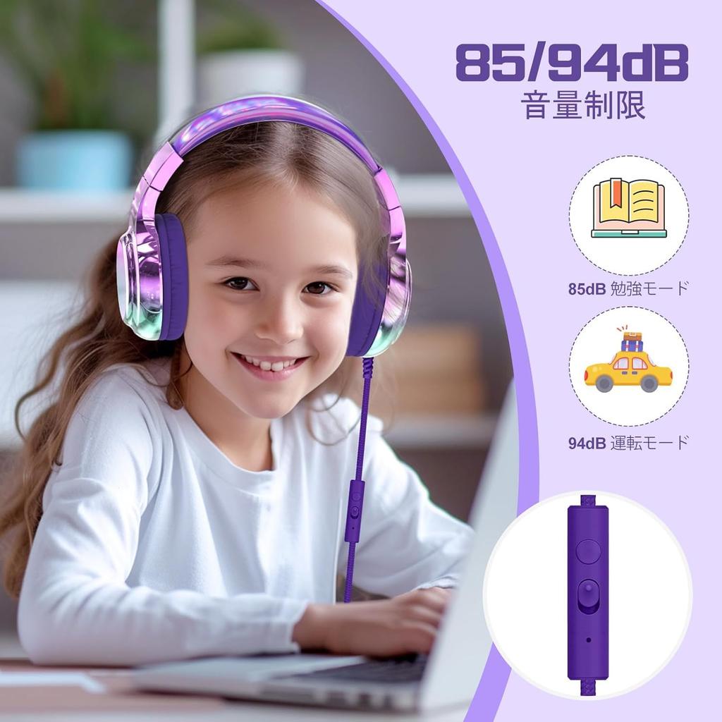 Kids' Headset with Microphone, 8594 Decibels Safety Volume Limit, Foldable Headband Design, Tangle-Free Cable and Shared Interface, Cute Design,