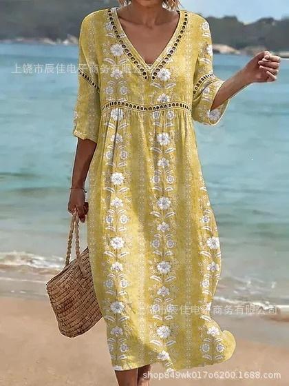 New seaside vacation style v-neck loose dress women s vacation dress S