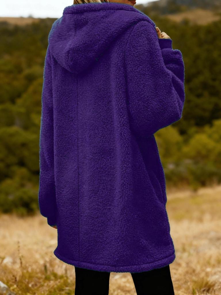 2024 European Winter Women's Long Sleeve Hooded Plush Zipper Cardigan Coat