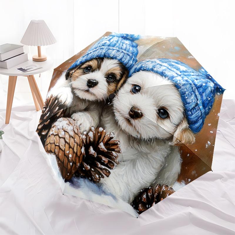 1 Stück Automatischer Faltregenschirm - Süßes Hundemuster, Tragbares & Faltbares Design mit 8 Speichen, Weihnachts- und Geburtstagsgeschenke