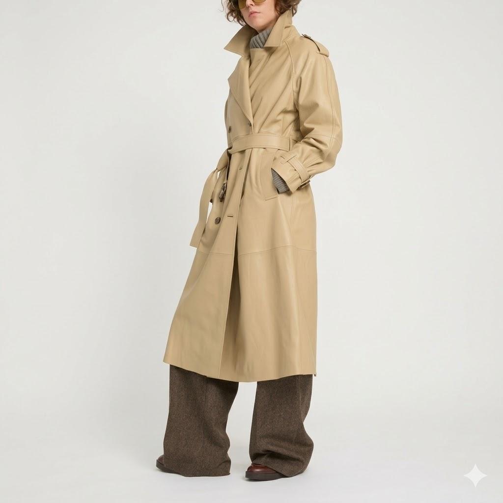 Designer Fit Handmade Trench Coat Women s Stylish Beige Genuine Lambskin Leather S
