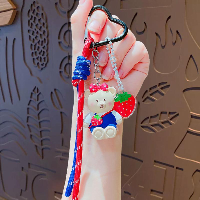 Creative Cartoon Strawberry Bag Bear Keychain Couple Cute Schoolbag Pendant Car Keychain Small Gift