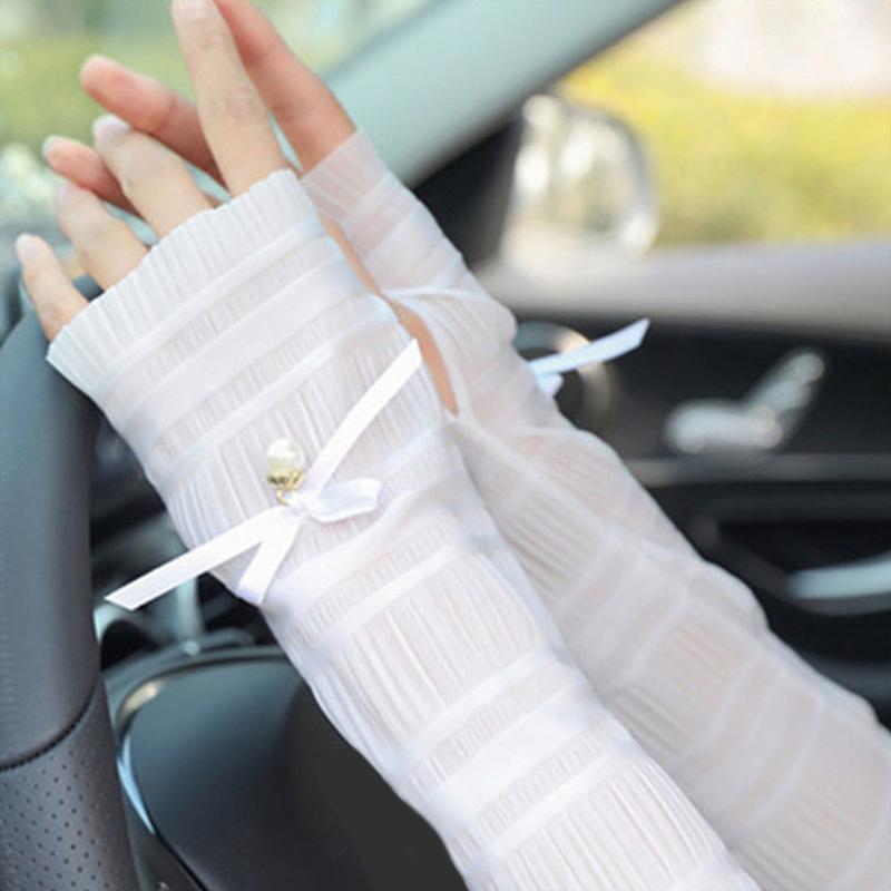 

Летние рукава с жемчугом, защита от солнца для женщин, длинные рукава с бантом и очками, тонкие перчатки, солнцезащитные аксессуары белый