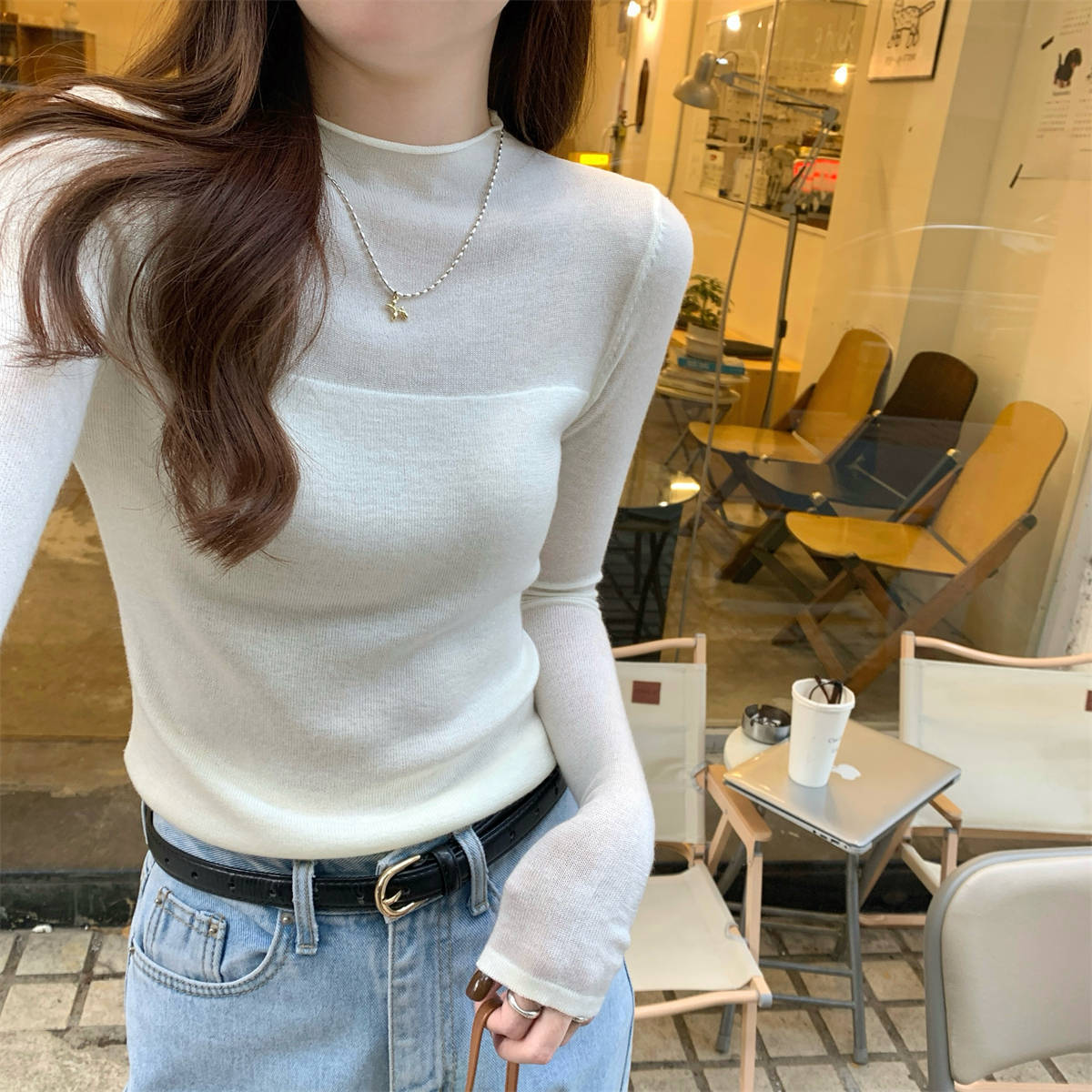 

Premium semi-perspective splicing top women s spring hemming inner slim-fitting long-sleeved knitted bottoming shirt M