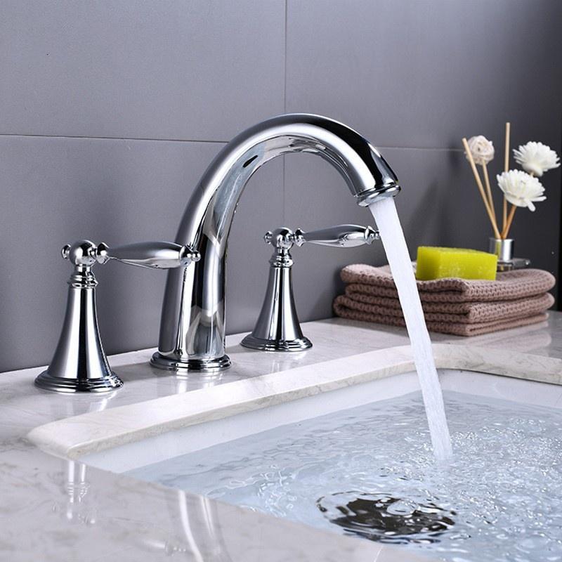 

Luxury Gold Widespread Basin Faucet Bathroom Hot Cold Water Mixer Crane Deck Mounted Bath Tap Basin Mixer Brass Antique Chrome