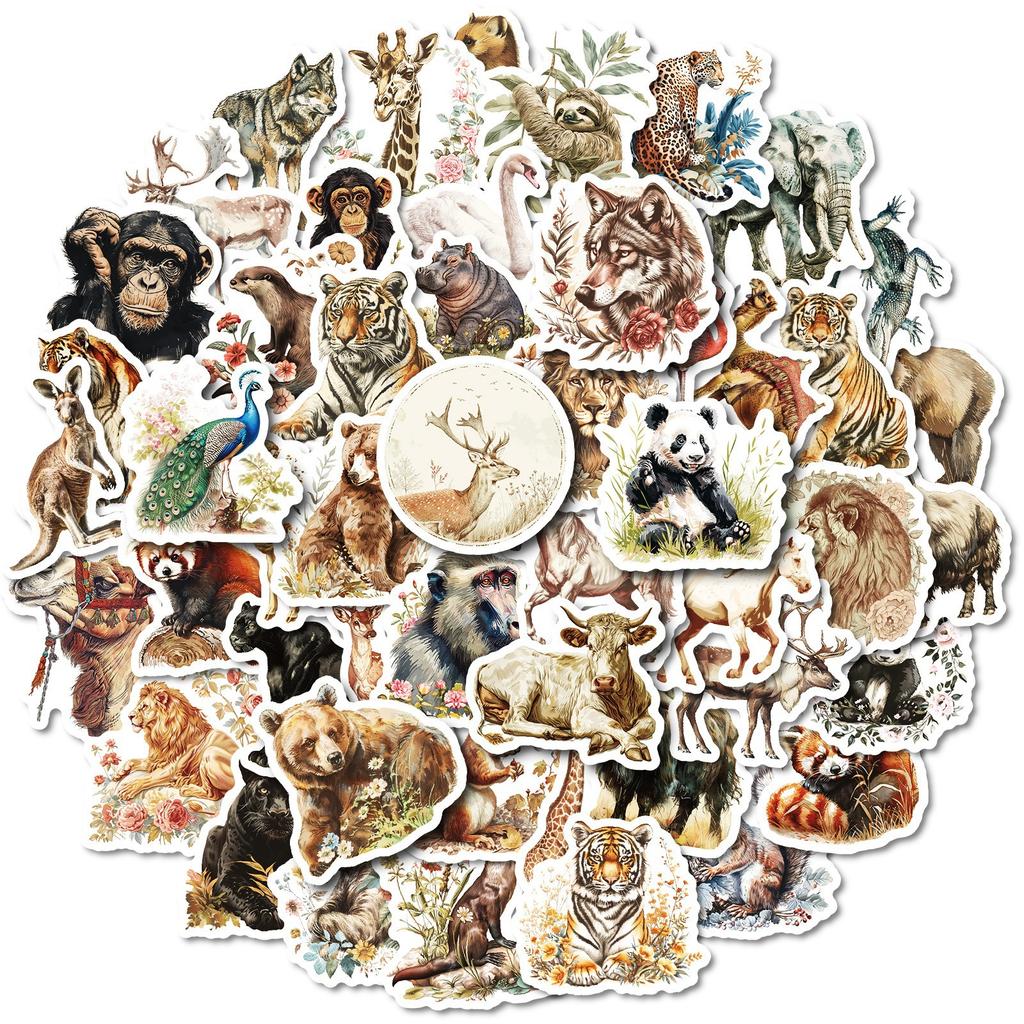 50 Retro Watercolor Animal Series Stickers PP Waterproof Decorative DIY Water Cup Mobile Phone Case Skateboard Guitar