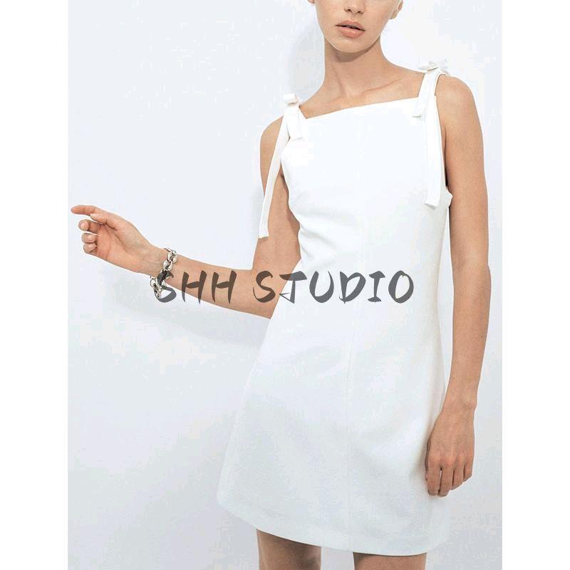 Spring New Women's Clothing Bows Shoulder Strap Straight Collar Stretch Sleeveless Sling Short Dress 3152336