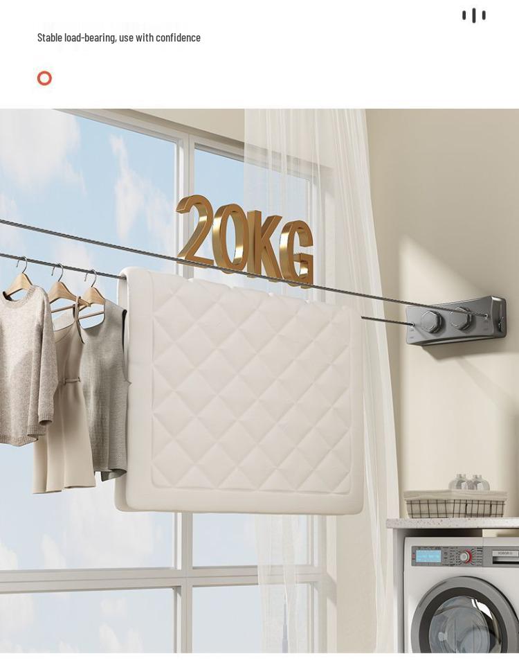 Einziehbare Wäscheleine für den Innenbereich - Stanzfreier Wäscheständer aus Stahldraht für Balkon & Badezimmer