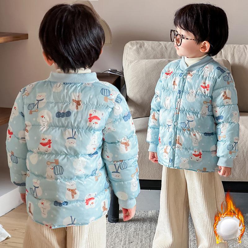 Boy's Warm Cotton-padded Clothes Foreign Style Winter Baby Boy Thickened Short Cotton-padded V-neck Jacket Children's Autumn Cute Cartoon Print Coats