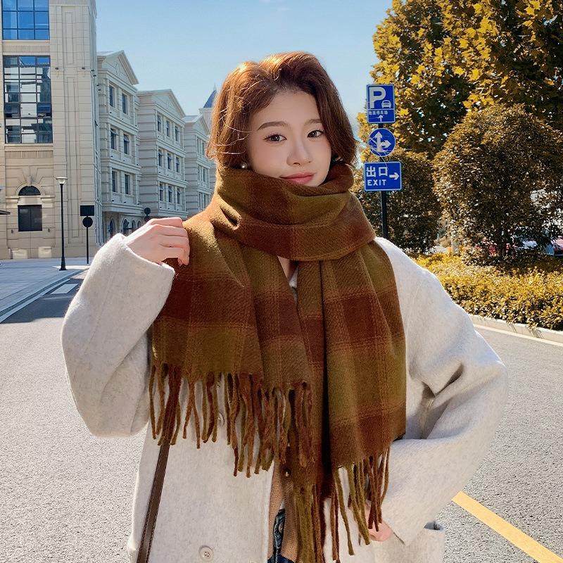 Retro Plaid Scarf Women's Autumn and Winter Atmosphere Imitation Cashmere Student Warm Versatile Scarf Shawl