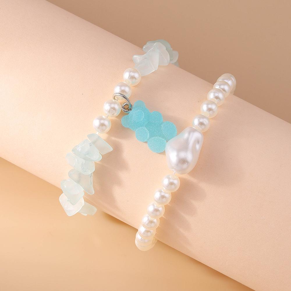 2pcs Cute Gummy Bear Bracelet for Women Handmade Stone Pearl Beaded Bracelets Girls Party Jewelry Gift