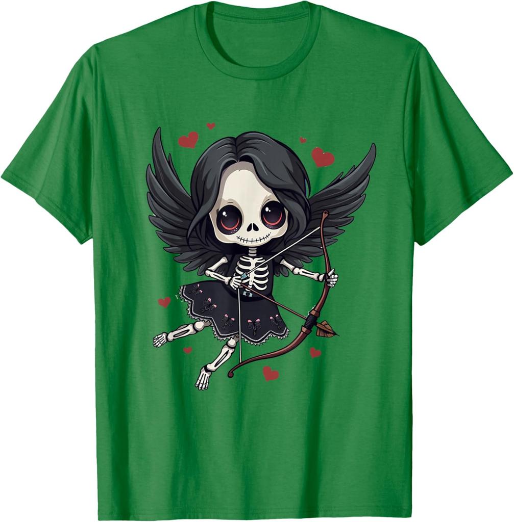 Gothic Skeleton Cupid Dark Valentine Kawaii Angel Graphic Tee Casual Cotton T-Shirt