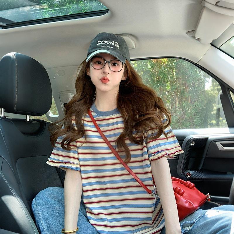 Women's Multicolor Striped T-Shirt - Raw Hem Oversized Short-Sleeve Top