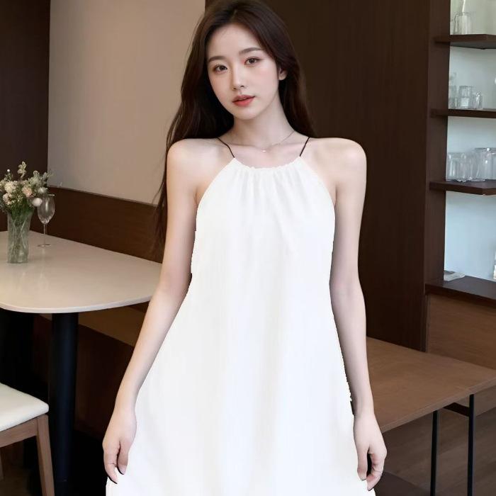 

Summer women s suspender skirt temperament is thin, loose, solid color, simple feeling, young and young, light to wear outside 2XL білий