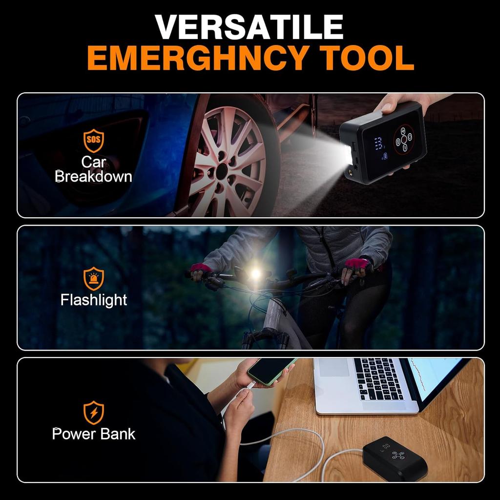 Pompa d'aria portatile per auto, display digitale, pompa elettrica wireless/cablata da 150 PSI, con schermo LCD, per bicicletta, moto, illuminazione di emergenza, ricarica