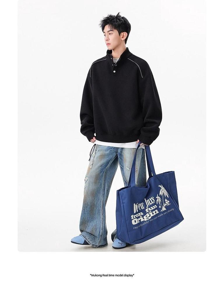 Men's Heavyweight 400g Cotton Stand Collar Hoodie - Autumn High Street Loose-Fit, Versatile Casual Half-Button Design