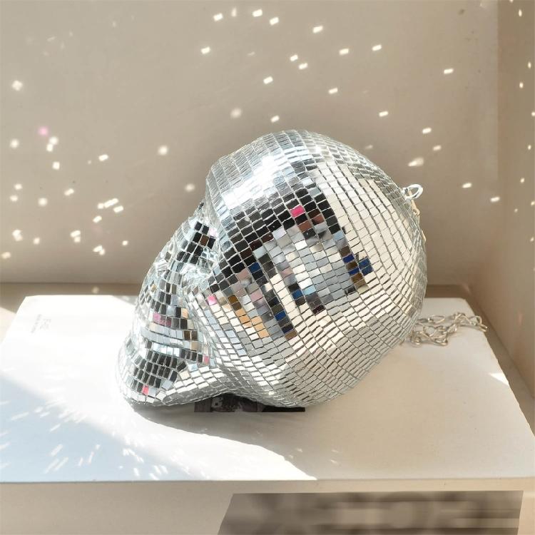 Skull Head Statue Mirrored Figurine Reflective Sparkling Discos Balls Ornament for Halloween Festivals Party Celebration
